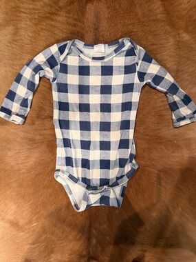 Kate Quinn Blue and White Buffalo Check Long Sleeve Baby Onesie 6-12 months